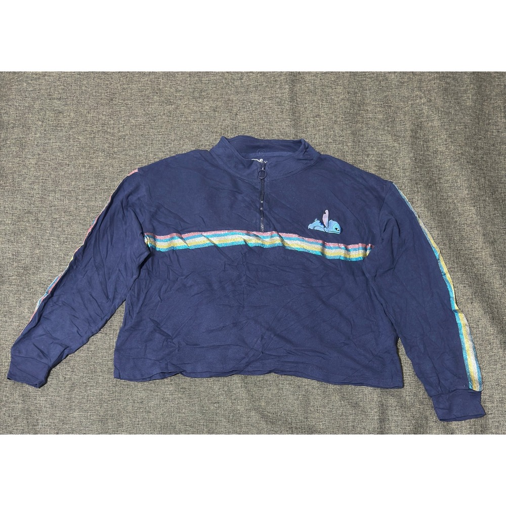 Disney Womens 3XL Quarter Zip Pullover Stitch Rainbow Glitter Stripe Navy Blue